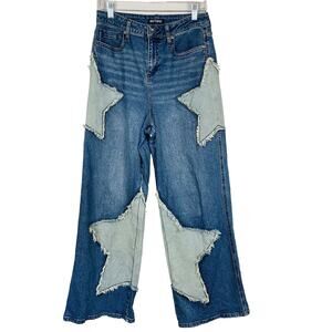 HOT TOPIC Two-Toned Star Appliqué Wide-Leg Jeans Size 5 Y2K Baggie Grunge Boho